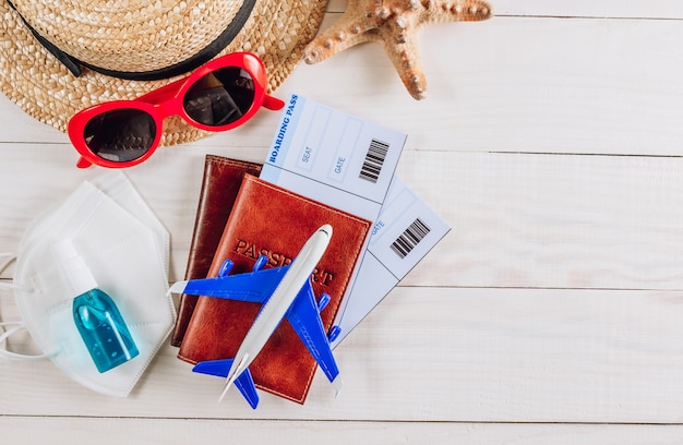 Traveling accessories on a wooden table