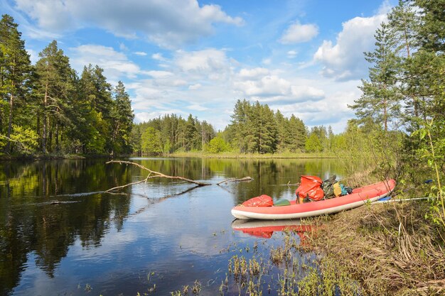 Traveling along the river in a boat