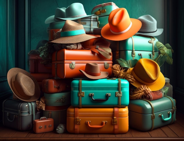 Traveling baggage summer illustration Vacational colorful bags generative ai
