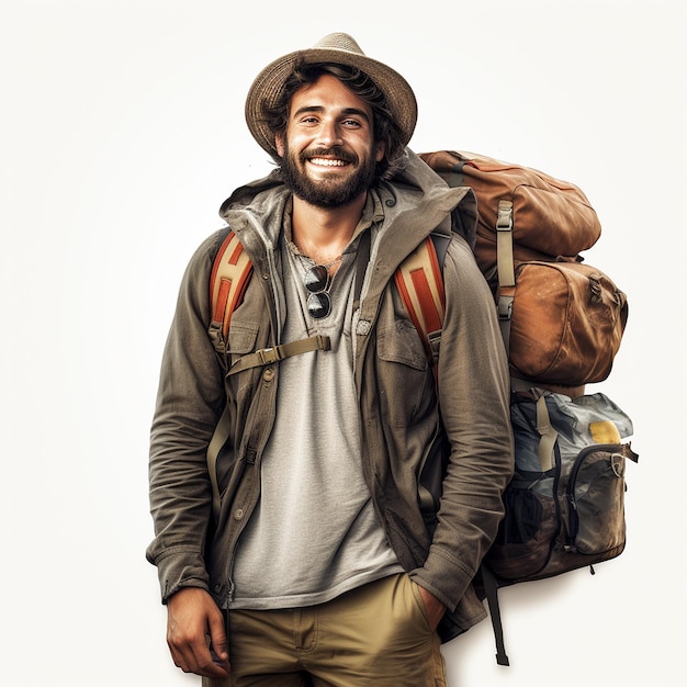 Traveling boy in long bags at the white background