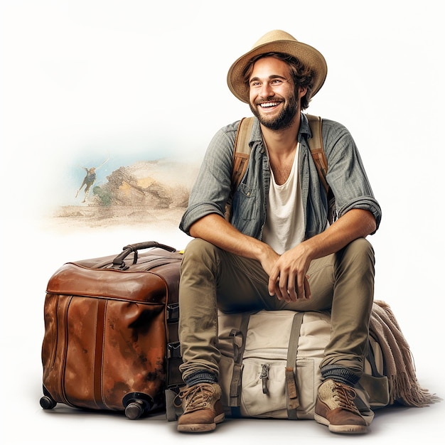 Foto ragazzo in viaggio con lunghe borse sullo sfondo bianco