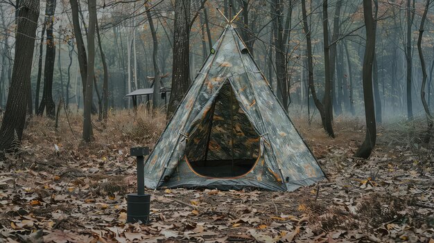 Traveling and camping concept Camping tent in forest near lake with grassland and blue sky at the morning natural landscape summer time so warm and relax