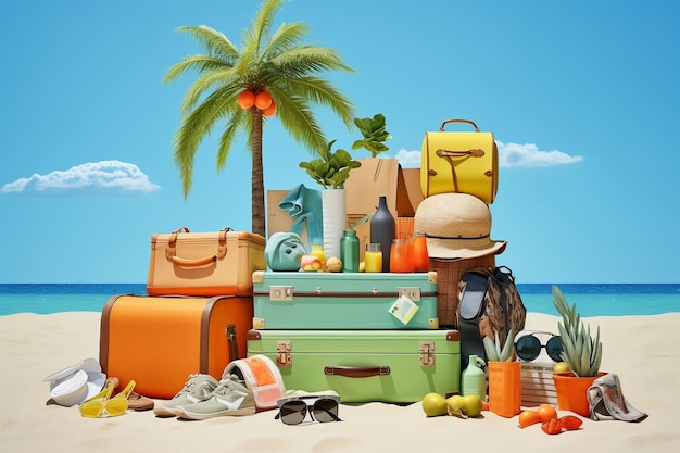 Traveling concept with beach background by ai generator