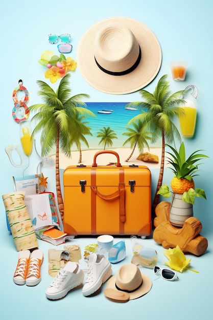 Traveling concept with beach background by ai generator