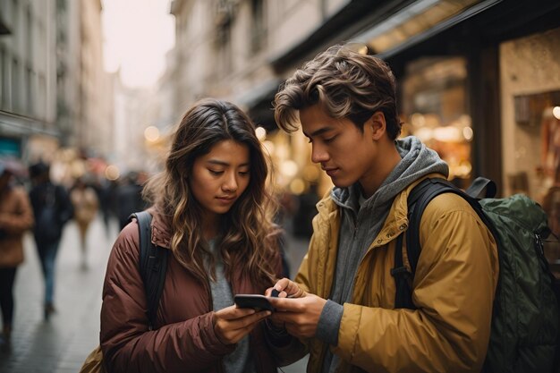 A traveling Couple in the street checking smartphones to find routes