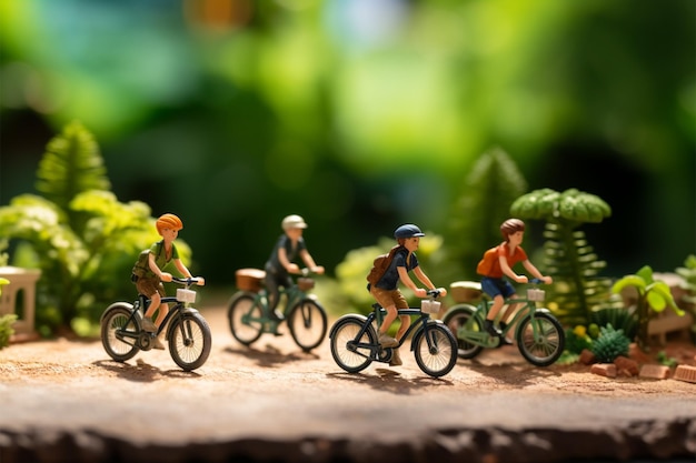 Traveling cyclists Miniature figures on bikes green bokeh backdrop scene