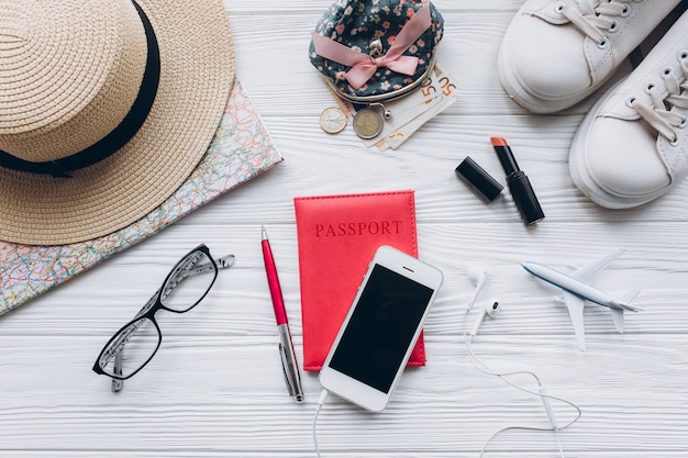 traveling elements on white wooden table