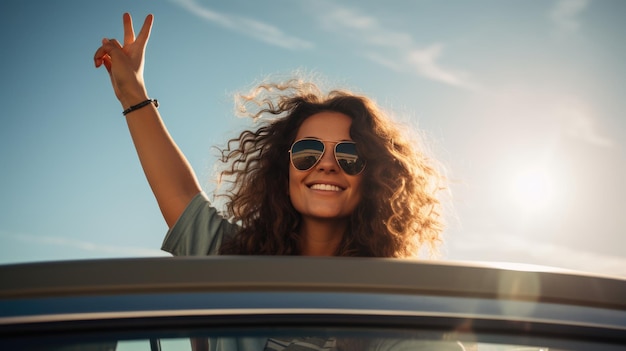 Photo the traveling girl sticks out of the roof and raises her hand in the form of a sign of peace created with generative ai technology