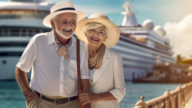 ヨットを見下ろしながら海を旅行する祖父母