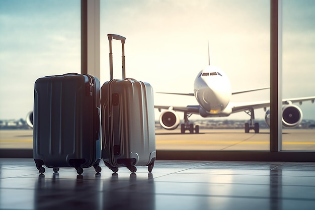 Photo traveling luggage in airport terminal with passenger plane flying on background