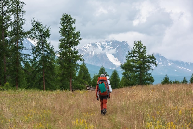 Traveling man in red with big backpack on way to snowy mountain range in low clouds Backpacker walks through forest to large mountains under cloudy sky Dramatic landscape with tourist in mountains