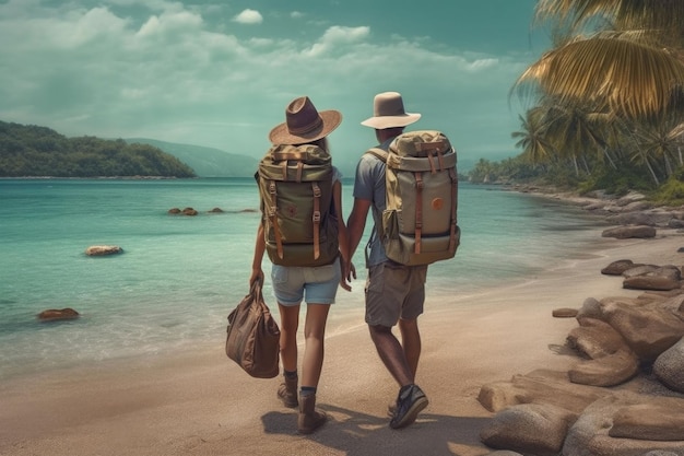夏の熱帯の背景でバックパックを背負って旅行する男性と女性 生成的なAI