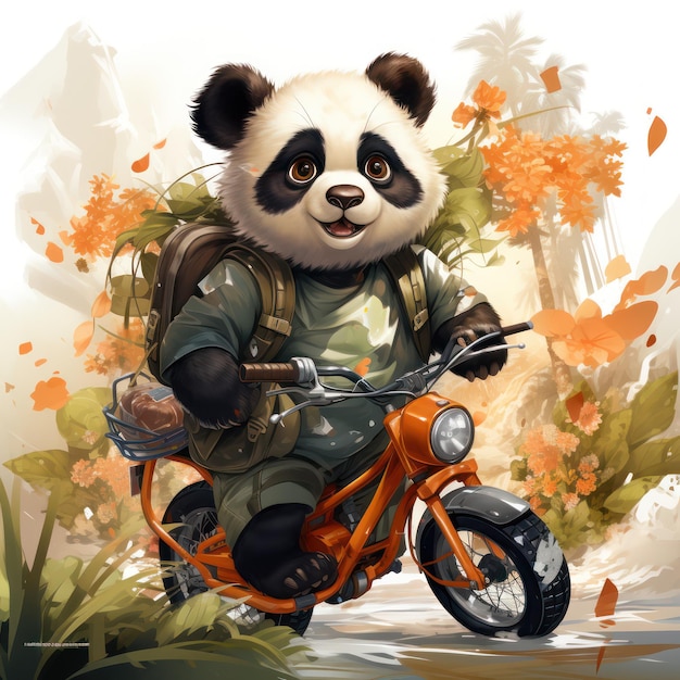 バイクに乗って旅行するパンダのイラスト