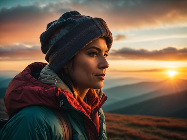 Traveling photographer admires the beautiful sunrise on the top of the Carpathian mountains