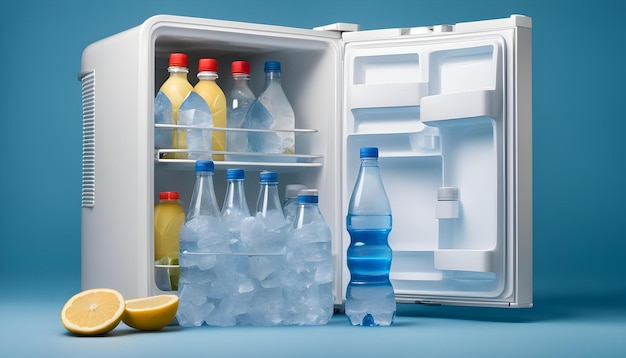 Фото Путешествующий холодильник с бутылками воды и кубиками льда