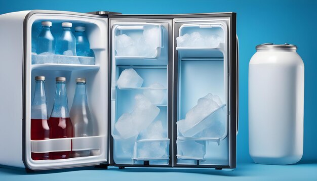 Photo traveling refrigerator with bottles of water and ice cubes