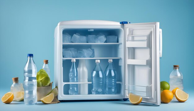 Traveling refrigerator with bottles of water and ice cubes