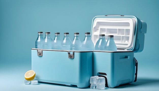 Photo traveling refrigerator with bottles of water and ice cubes