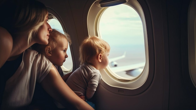 Traveling via plane with a mother and her children family travel Generative AI