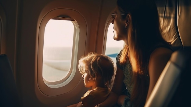 Traveling via plane with a mother and her children family travel Generative AI