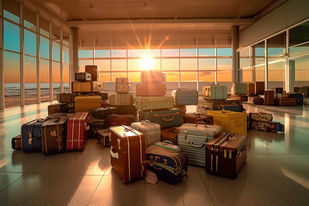 Traveling with luggage in the airport Multicolored luggage in the airport terminal AI genesis