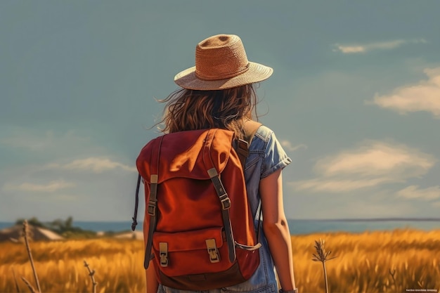 Traveling woman with backpack in summer background Generative AI