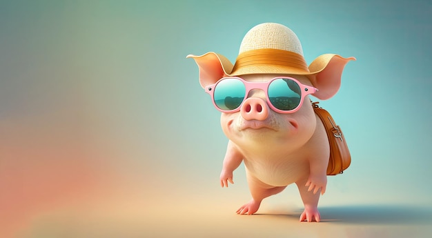 Traveller piggy wearing orange hat and sunglasses on colorful background Generative AI