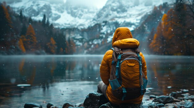 Traveller resting in beautiful nature with river and mountains snow with trees