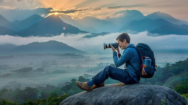 Путешественник сидит на скале и держит камеру, чтобы сфотографироваться в горах Дои Фа Мон в Чианг-Рай