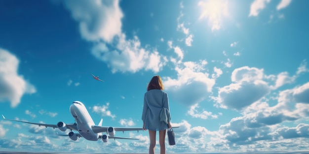 Путешественник, стоящий перед воздушным самолетом, путешествует по миру на фоне голубого неба.