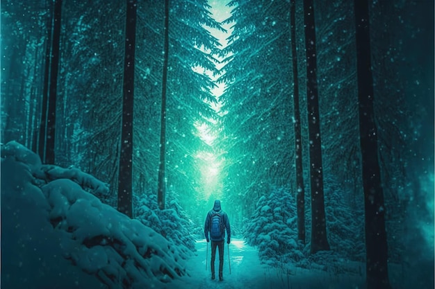 Traveller in the winter snowy forest walking around Man traveling in a snowy forest digital art style illustration painting