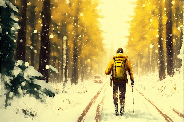 Traveller in the winter snowy forest walking around man traveling in a snowy forest digital art style illustration painting