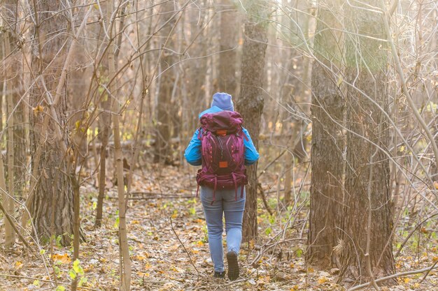 Traveller woman walking in the forest, back view