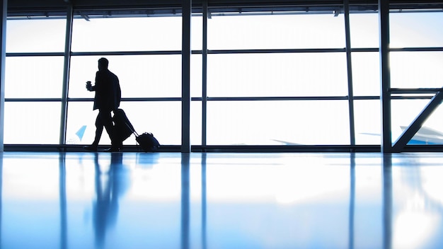Viaggiatori - comandante dell'aereo con caffè per andare in aeroporto davanti alla finestra, silhouette, grandangolo