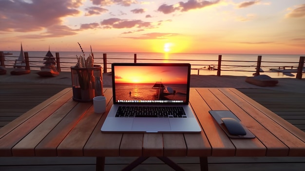 travelling desk and laptop on a pier at the beach at sunset