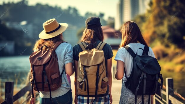 Travelling with friends Group of young people with backpacks walking together and lo Generative AI