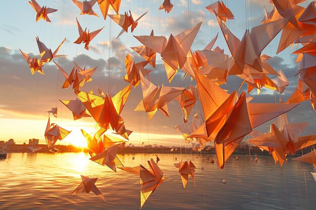 Photo traverse a skyline filled with immense origami scu generative ai