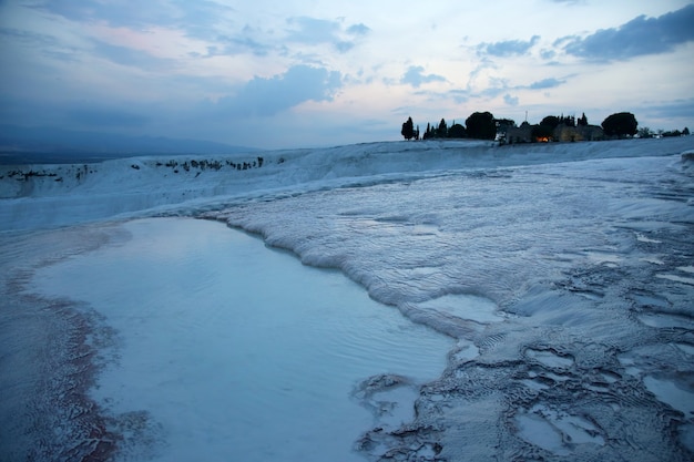 Travertines in Pamukkale at sunset