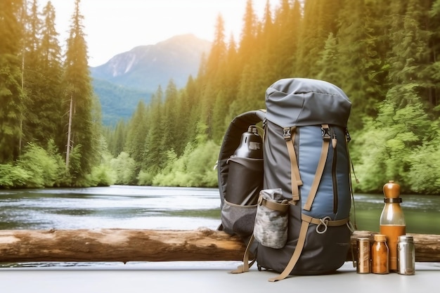 Travle backpack and river with forest created generative ai