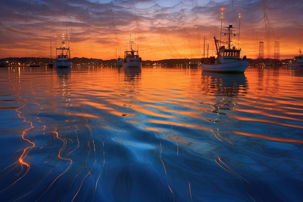 Trawlers wake rippling through the water at dusk created with generative ai