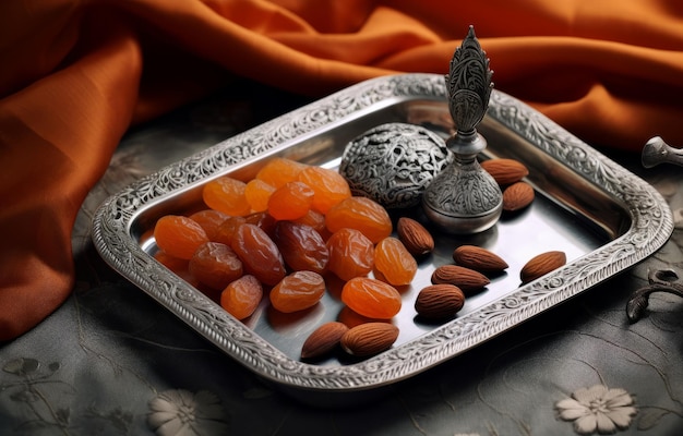 A tray of almonds and nuts on a table.