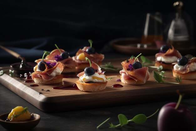 A tray of appetizers with a blueberry sauce on top.