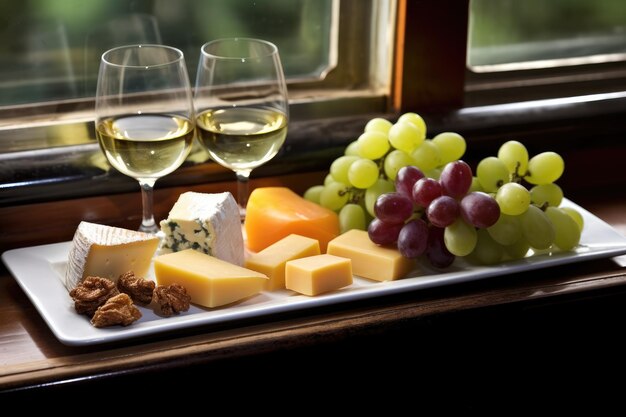 Tray of assorted cheese and grapes on a train dining table