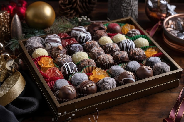 Tray of assorted chocolate truffles with holidayinspired decorations and flavors