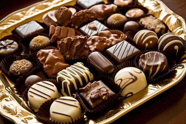 Поднос с разнообразными шоколадными конфетами, готовыми к употреблению