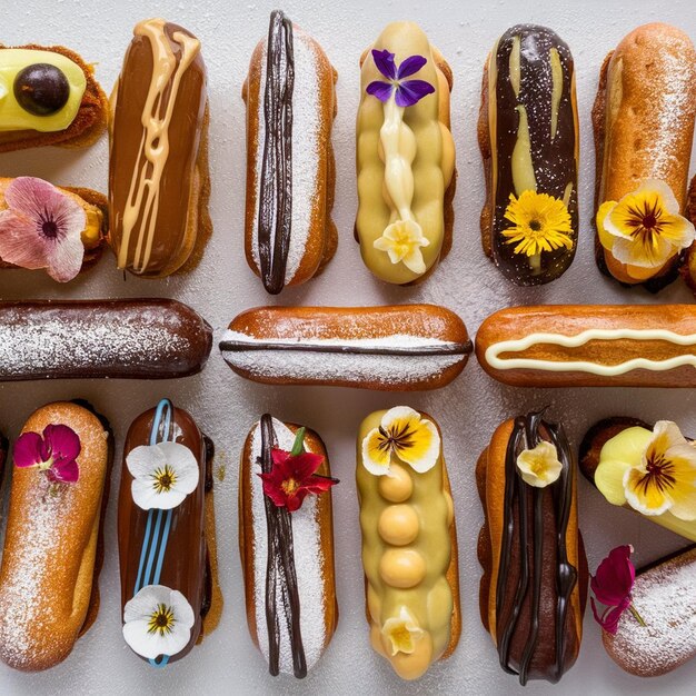 Foto un vassoio di vari eclairs gourmet con ripieni aromatizzati