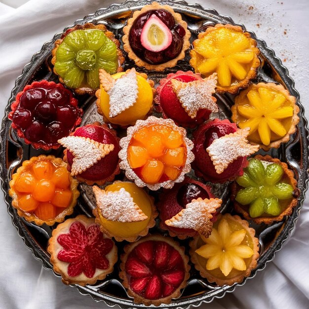Tray of assorted gourmet tartlets with fruit fillings