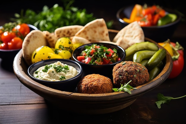A tray of assorted Mediterranean mezze dishes