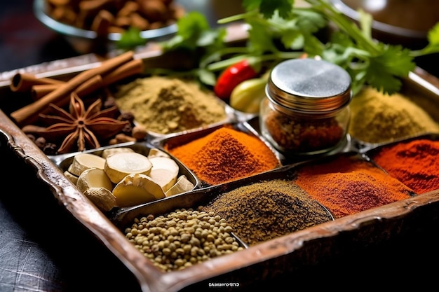 a tray of assorted spices adding flavor and aroma AI generated