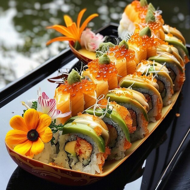 Photo a tray of avocado sushi with a flower on it